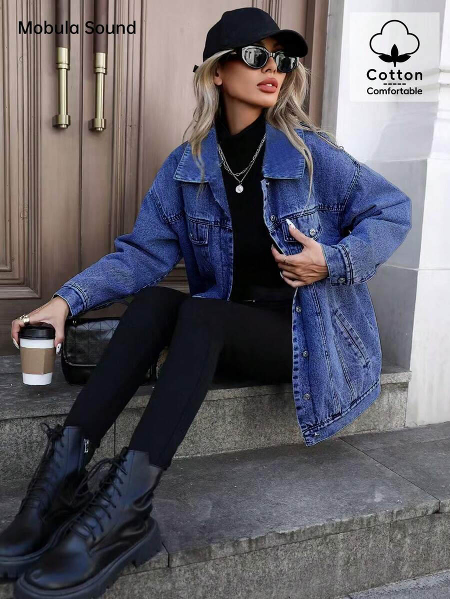 Middle East Versatile Casual Sports Fashion Women's Spring Autumn Winter Fleece Windproof Jacket, Blue Y2K College Style Young Women Denim Jacket