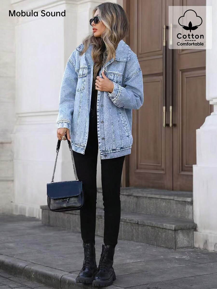 Middle East Versatile Casual Sports Fashion Women's Spring Autumn Winter Fleece Windproof Jacket, Blue Y2K College Style Young Women Denim Jacket