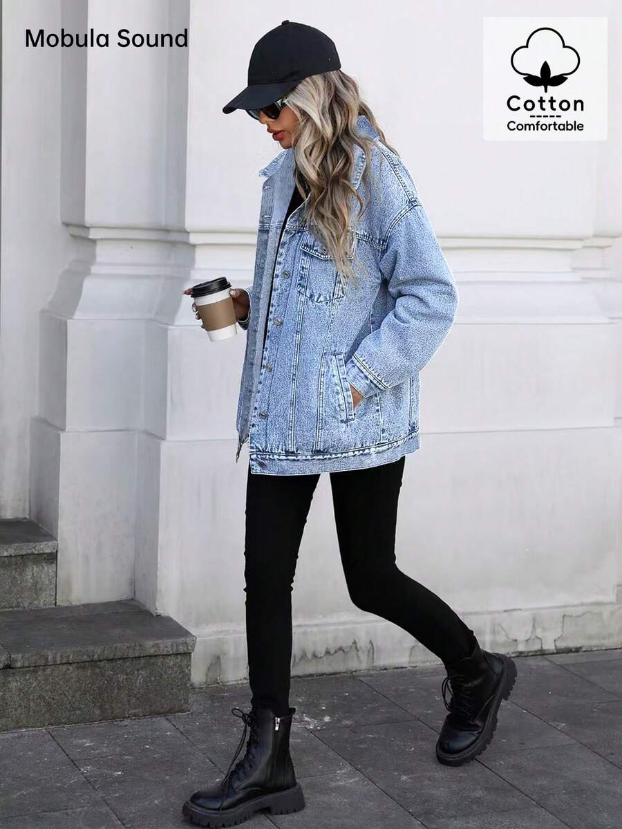 Middle East Versatile Casual Sports Fashion Women's Spring Autumn Winter Fleece Windproof Jacket, Blue Y2K College Style Young Women Denim Jacket