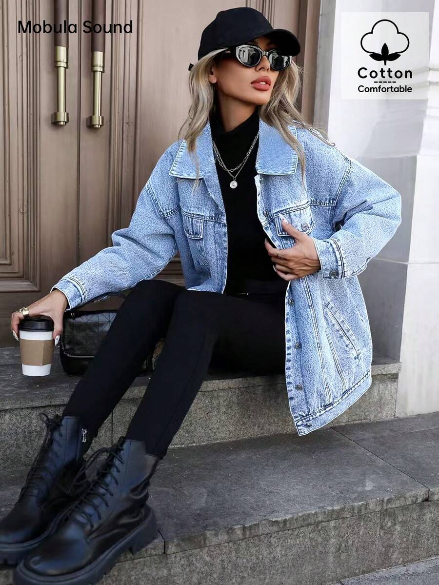 Middle East Versatile Casual Sports Fashion Women's Spring Autumn Winter Fleece Windproof Jacket, Blue Y2K College Style Young Women Denim Jacket