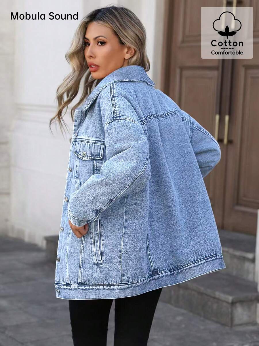Middle East Versatile Casual Sports Fashion Women's Spring Autumn Winter Fleece Windproof Jacket, Blue Y2K College Style Young Women Denim Jacket