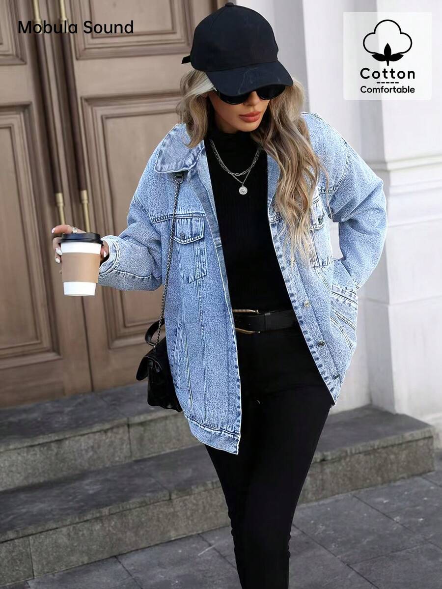 Middle East Versatile Casual Sports Fashion Women's Spring Autumn Winter Fleece Windproof Jacket, Blue Y2K College Style Young Women Denim Jacket
