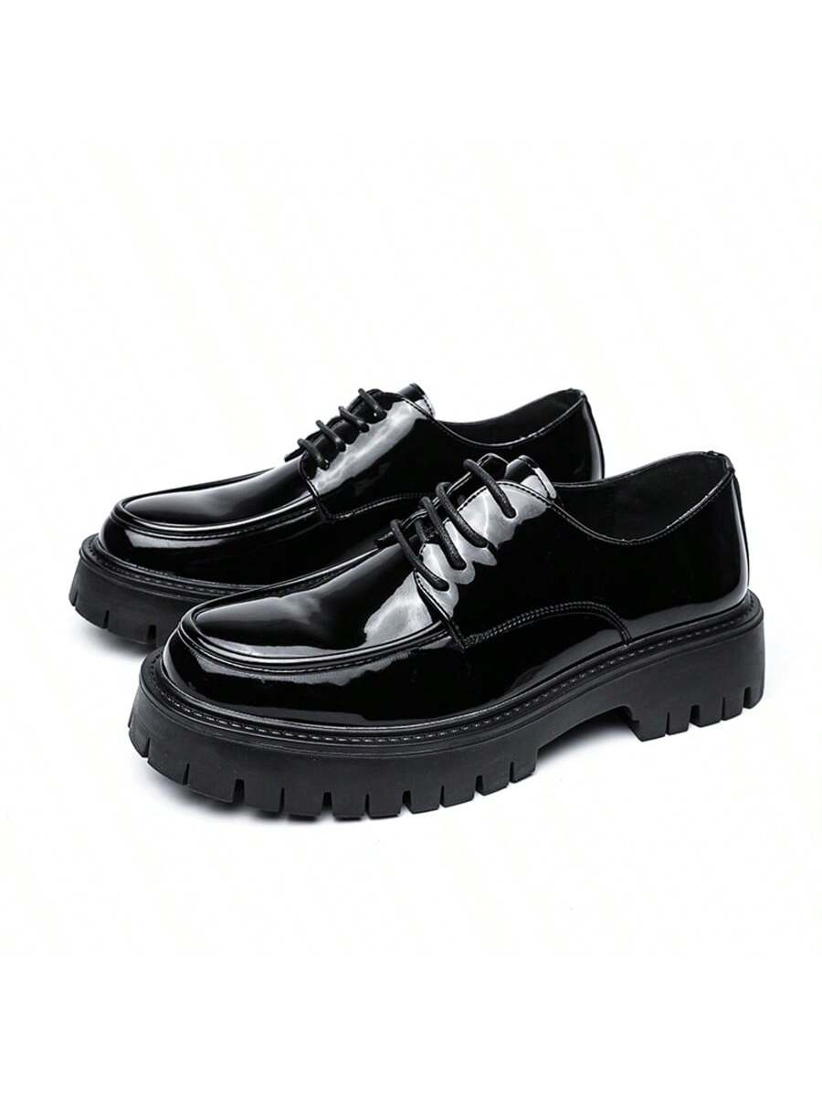 Men's Leather Lace Up Platform Oxfords Round Toe Chunky Heel Lug Sole Heightening Soft Bottom Derby Casual Shoes Classic Work Office Business Dress Shoes
