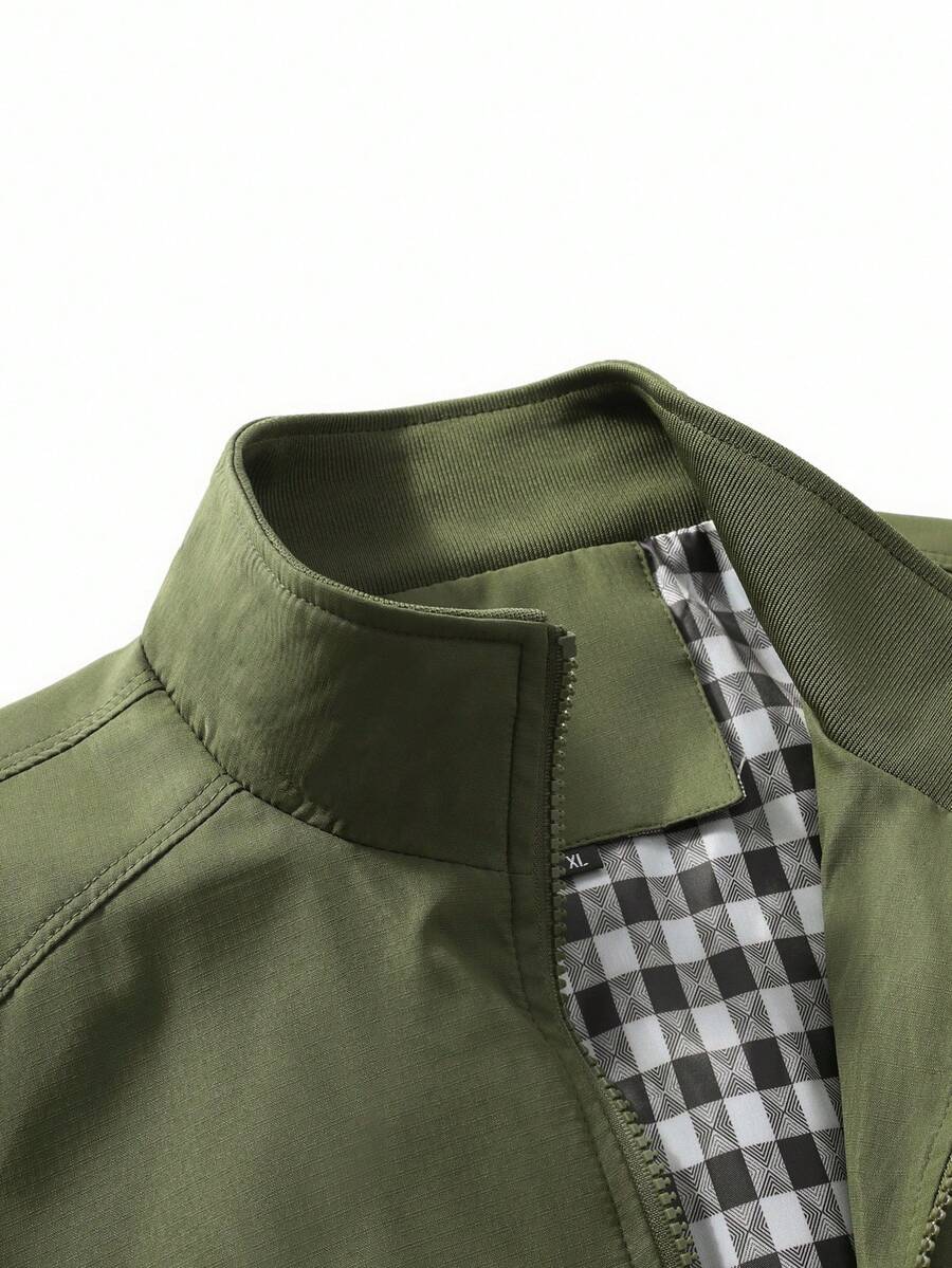 Manfinity Homme Loose Fit Men's Zip Pocket Long Sleeve Casual Outdoor Windbreaker Jacket, Outerwear Green Jacket, Fall
