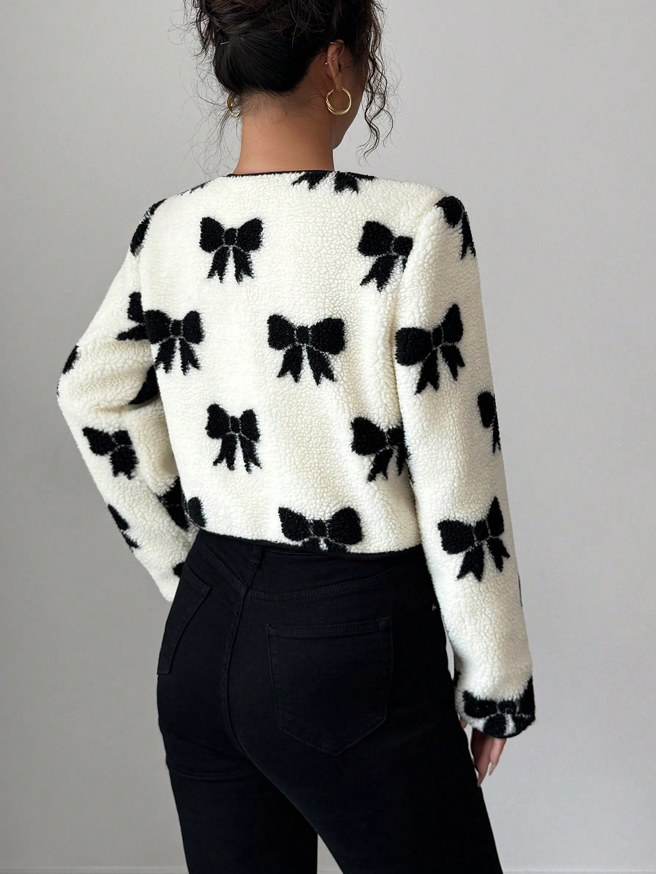 Women's Elegant Contrast Floral Print Sherpa Fleece Jacket With Bowknot Closure, Warm And Fashionable Outerwear
