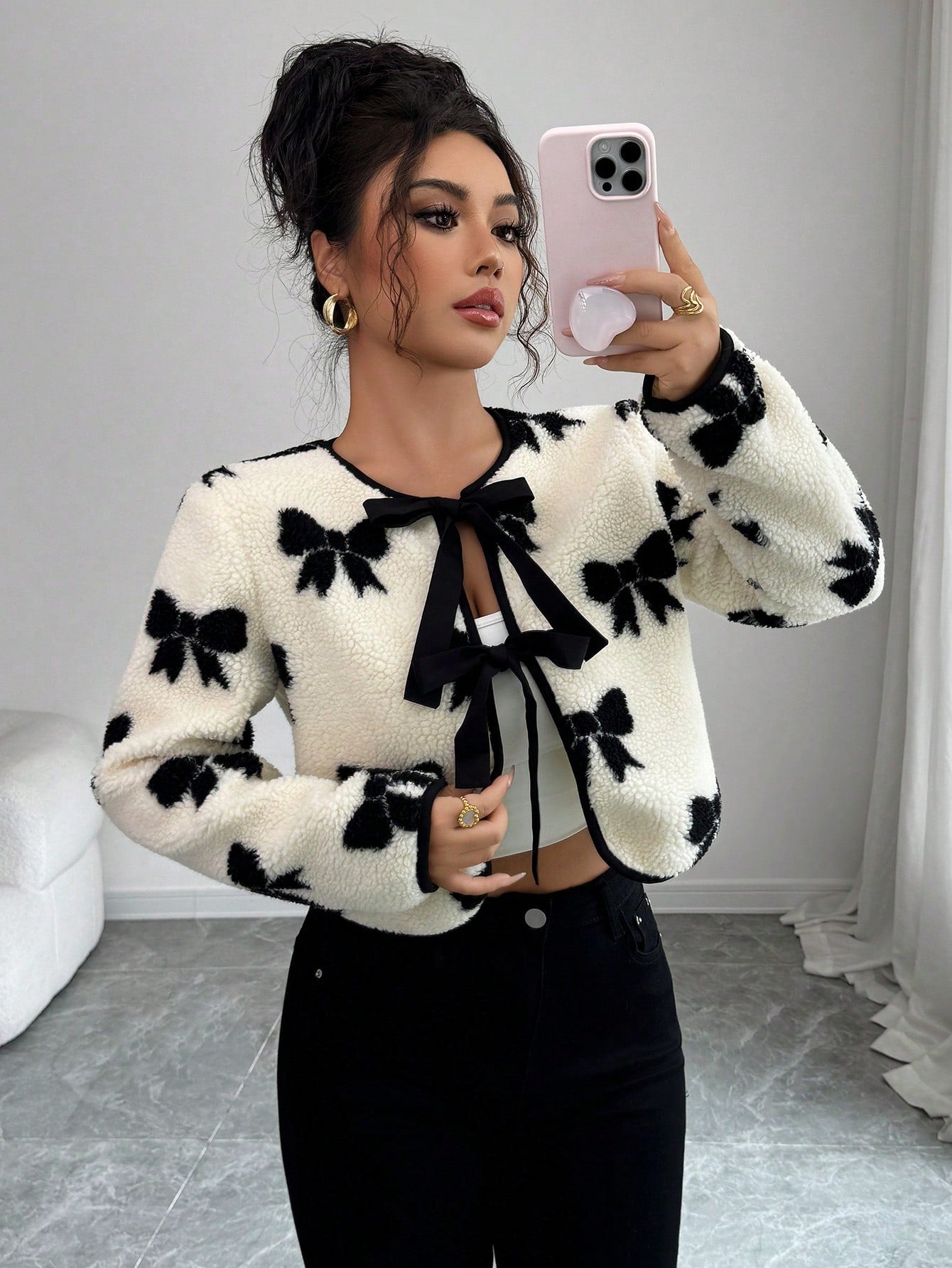 Women's Elegant Contrast Floral Print Sherpa Fleece Jacket With Bowknot Closure, Warm And Fashionable Outerwear