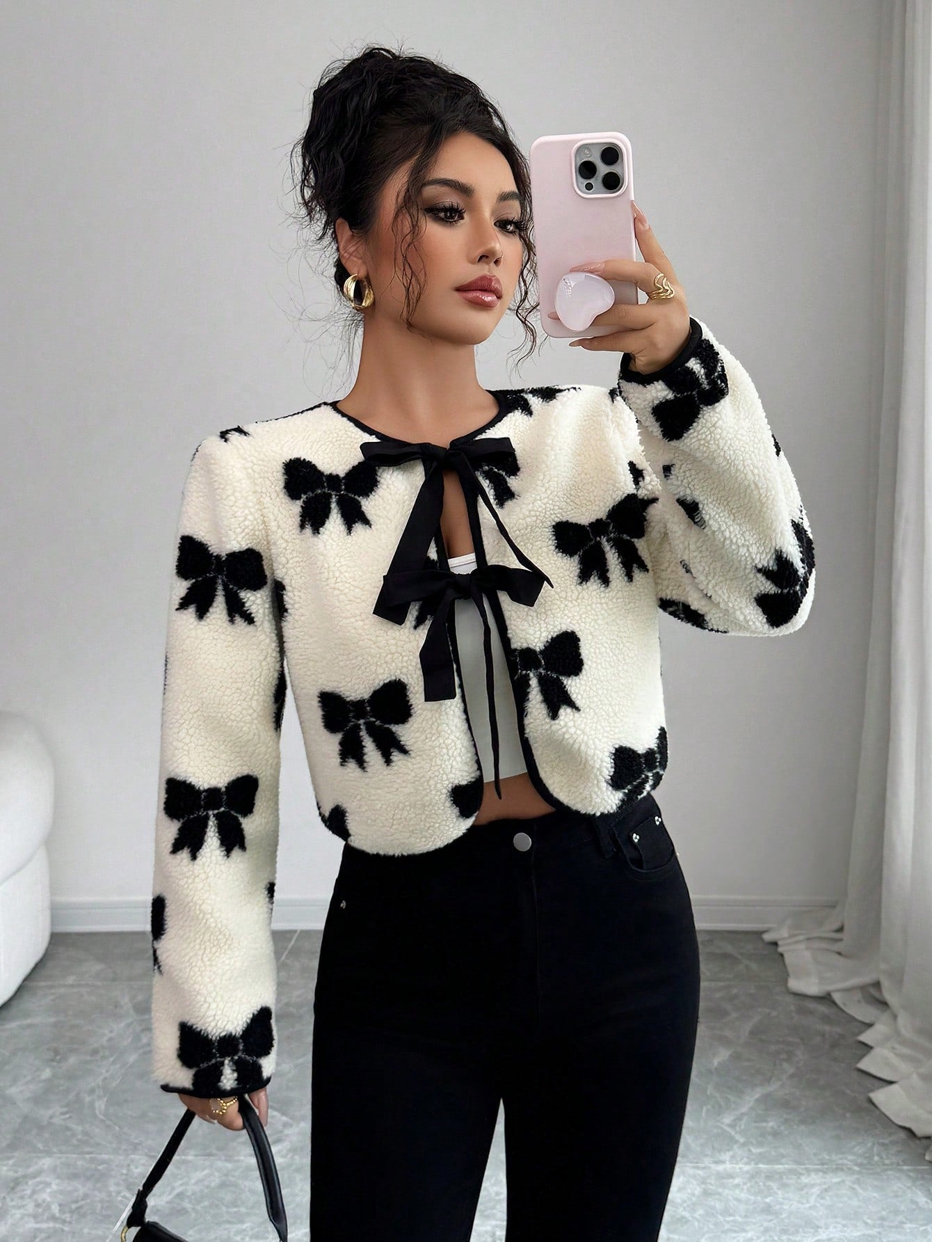 Women's Elegant Contrast Floral Print Sherpa Fleece Jacket With Bowknot Closure, Warm And Fashionable Outerwear