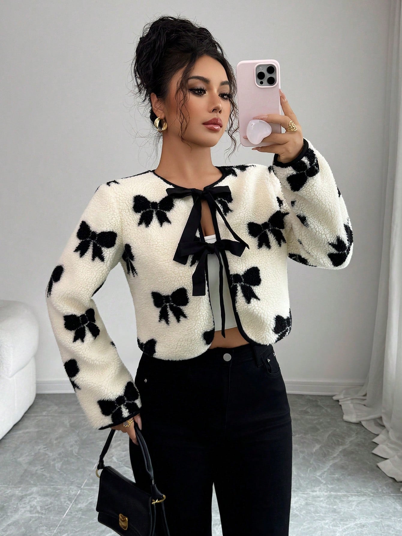 Women's Elegant Contrast Floral Print Sherpa Fleece Jacket With Bowknot Closure, Warm And Fashionable Outerwear