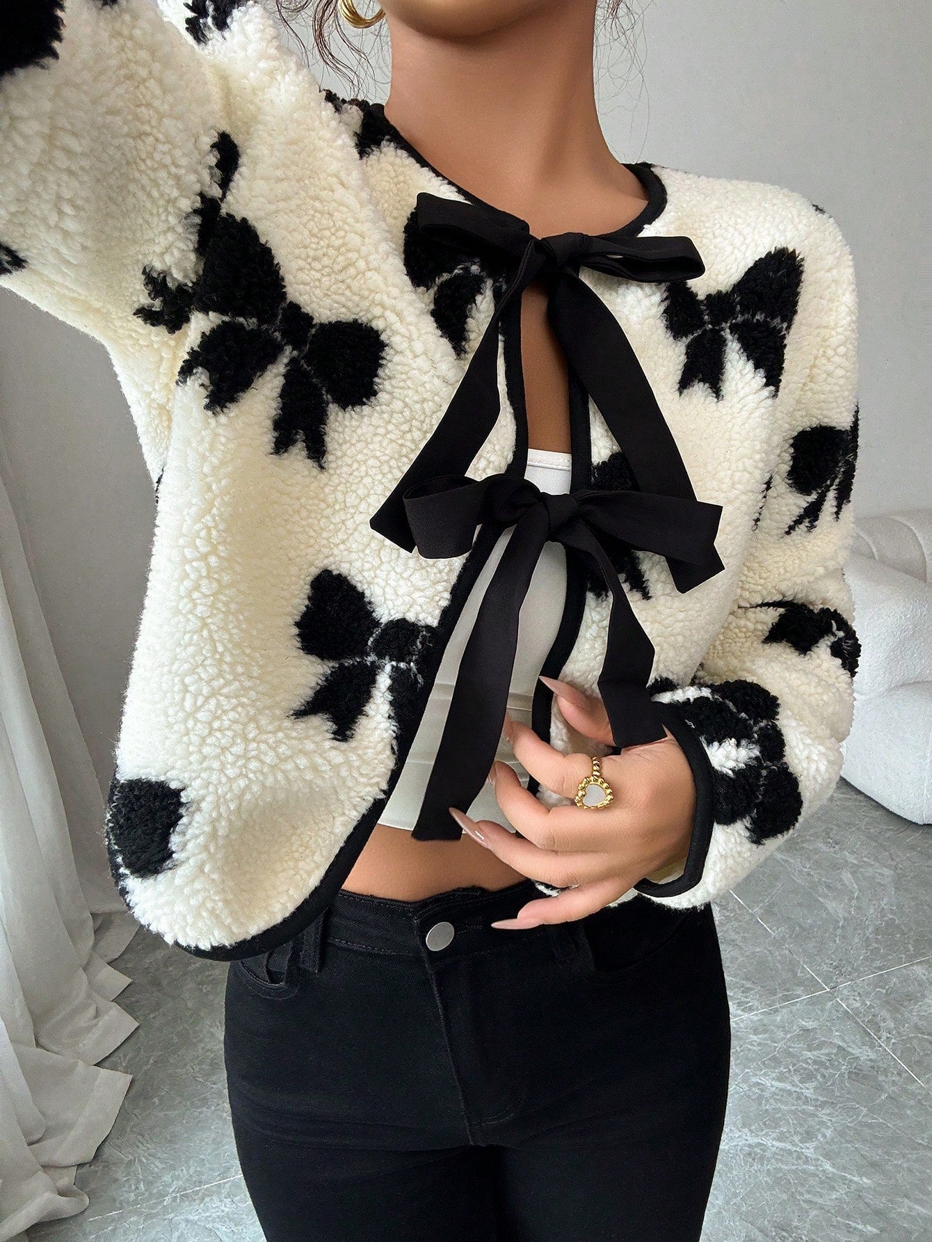 Women's Elegant Contrast Floral Print Sherpa Fleece Jacket With Bowknot Closure, Warm And Fashionable Outerwear