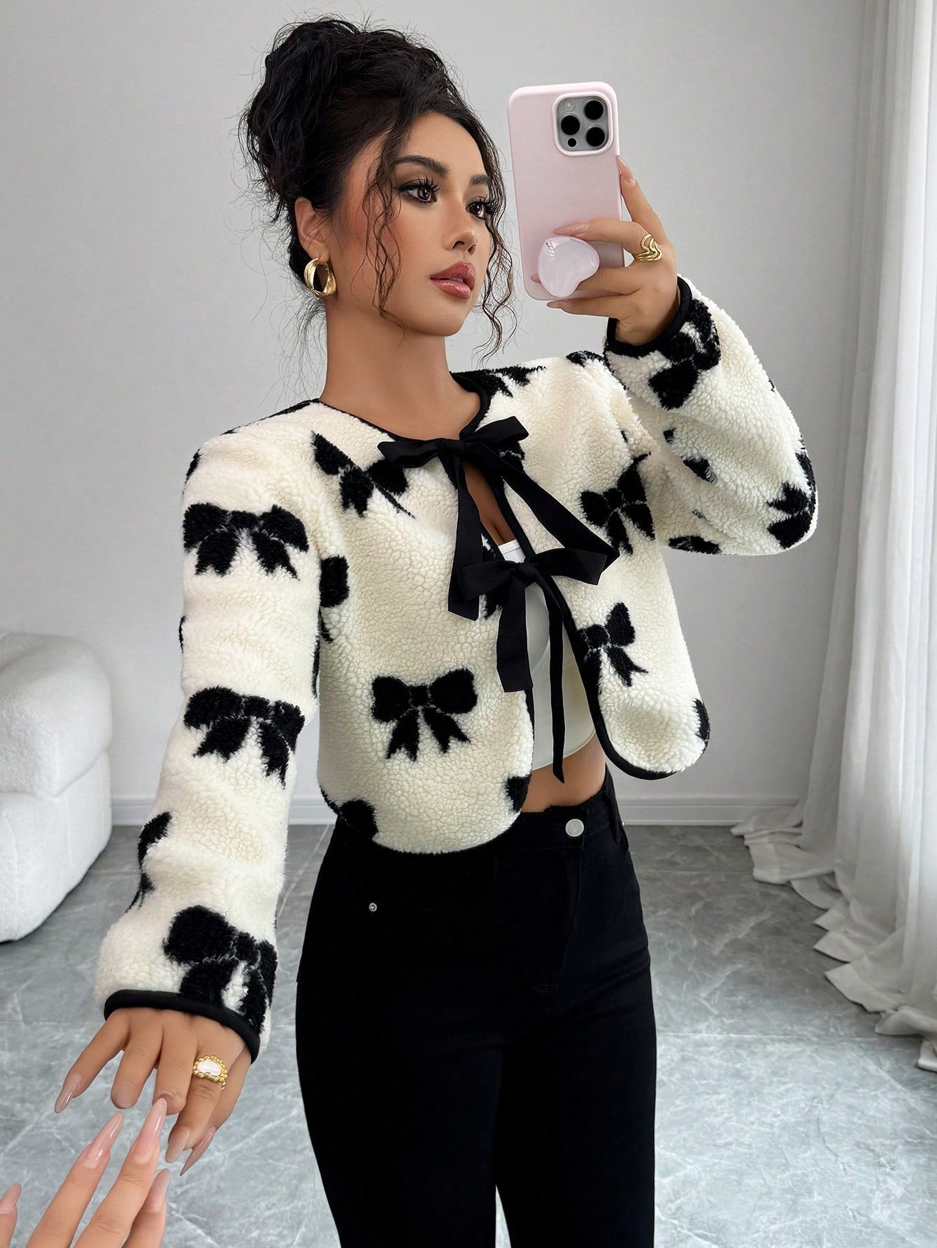 Women's Elegant Contrast Floral Print Sherpa Fleece Jacket With Bowknot Closure, Warm And Fashionable Outerwear