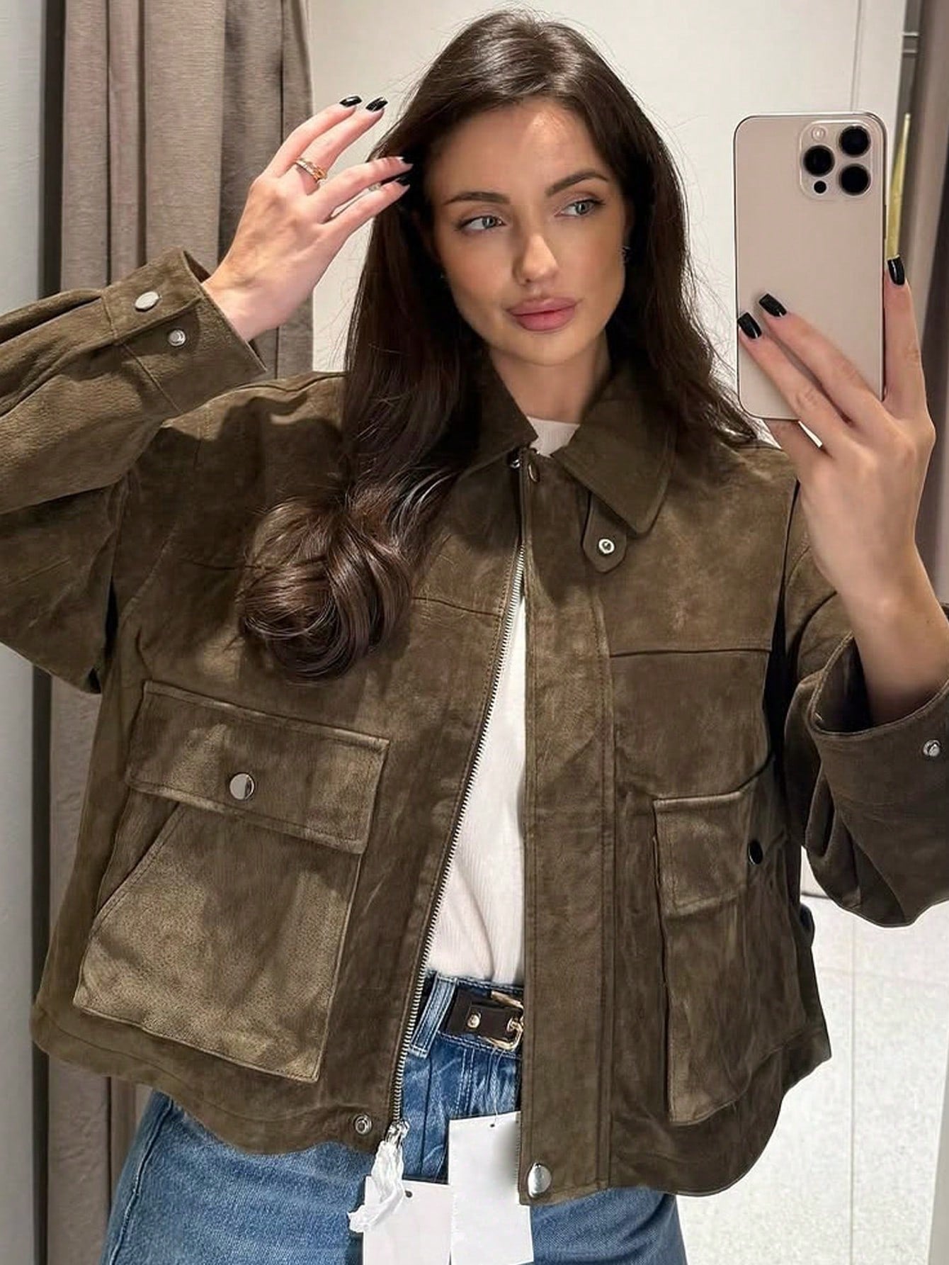 Cropped Women's Suede Bomber Jackets Fall Winter Coat Autumn Outfits Women Zip Up Long Sleeve Tops Crop Green Jacket Zipper Short Coats Winter Button Overcoat