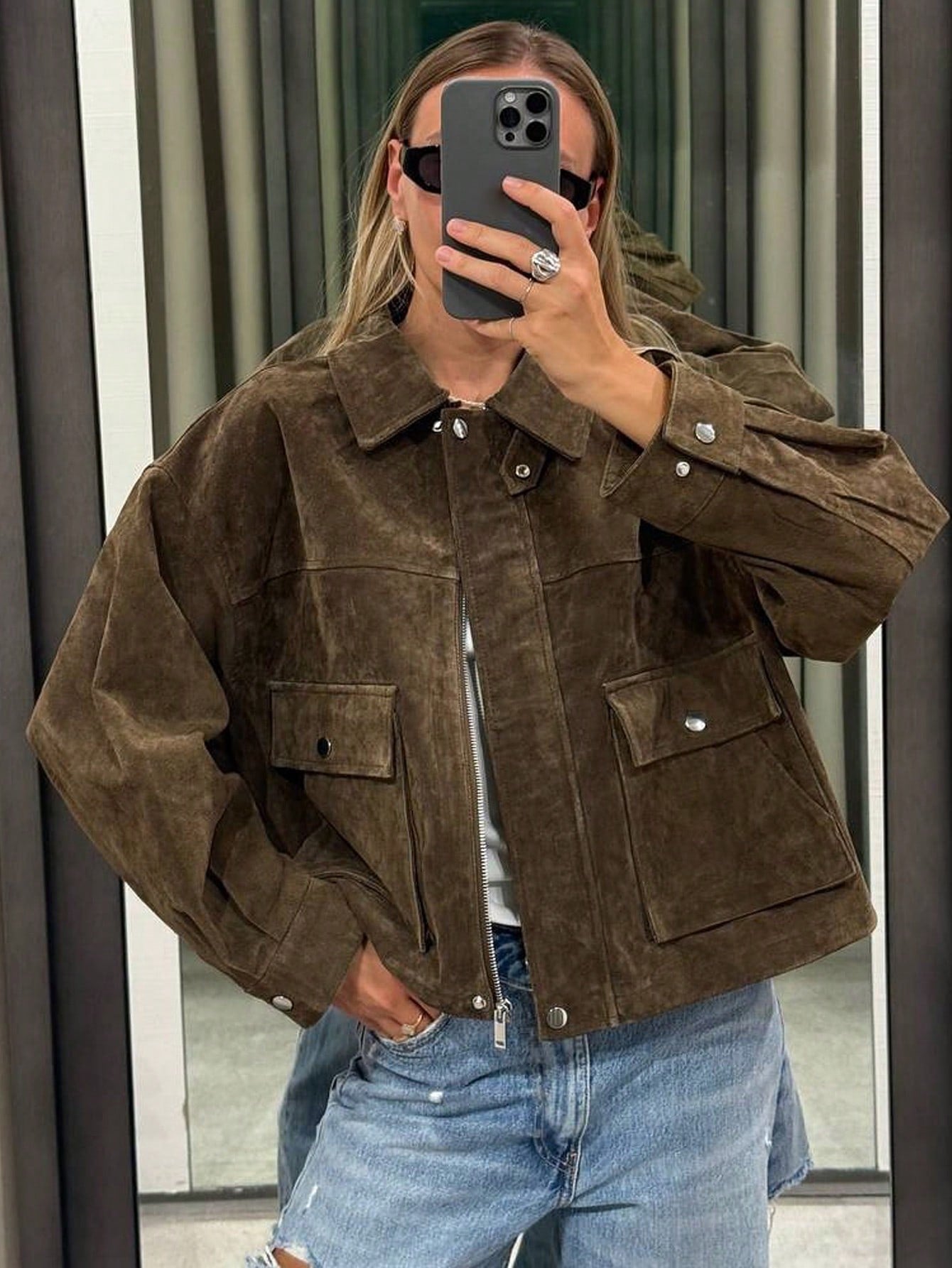 Cropped Women's Suede Bomber Jackets Fall Winter Coat Autumn Outfits Women Zip Up Long Sleeve Tops Crop Green Jacket Zipper Short Coats Winter Button Overcoat