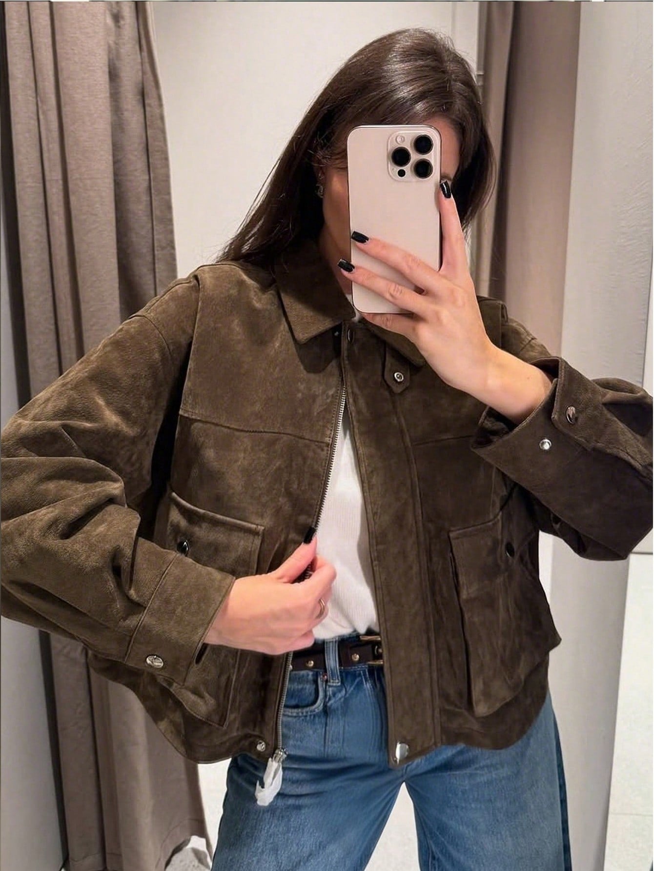 Cropped Women's Suede Bomber Jackets Fall Winter Coat Autumn Outfits Women Zip Up Long Sleeve Tops Crop Green Jacket Zipper Short Coats Winter Button Overcoat