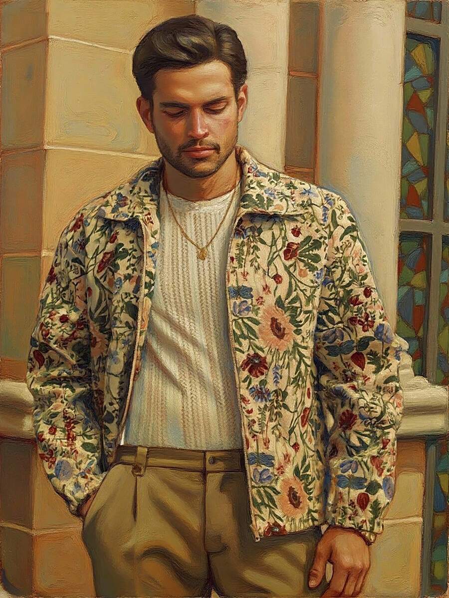HIMLAND Men's Casual Floral Embroidered Jacket, Suitable For Everyday Wear, Fall, Winter