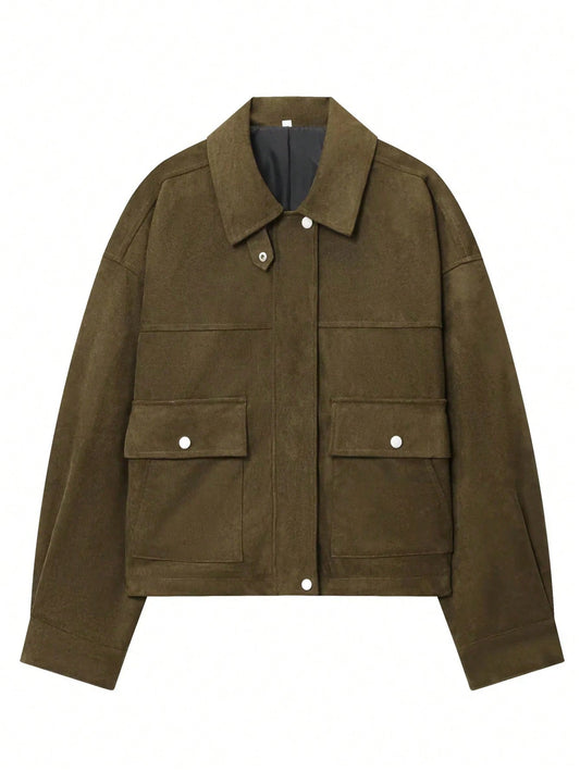 Cropped Women's Suede Bomber Jackets Fall Winter Coat Autumn Outfits Women Zip Up Long Sleeve Tops Crop Green Jacket Zipper Short Coats Winter Button Overcoat