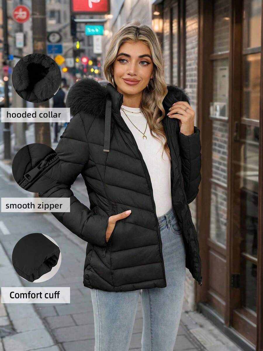 Women's Casual Hooded Padded Jacket With Pockets, Lightweight Padded Coat Warm For Daily Wear