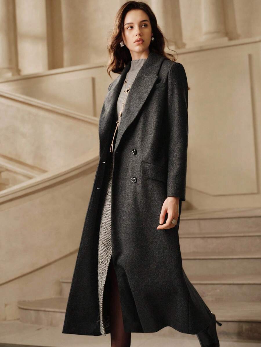 Anewsta Women's Khaki Long Belted Overcoat With Lapel Collar