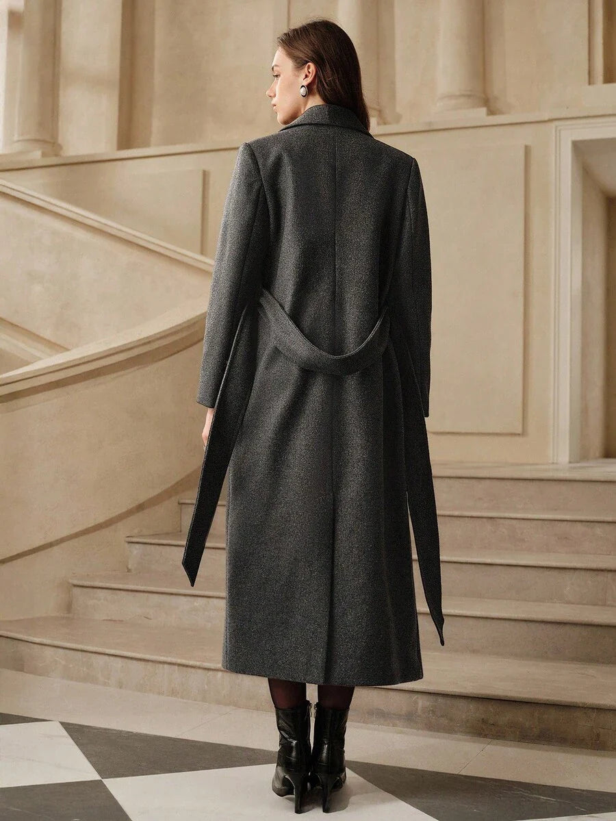 Anewsta Women's Khaki Long Belted Overcoat With Lapel Collar