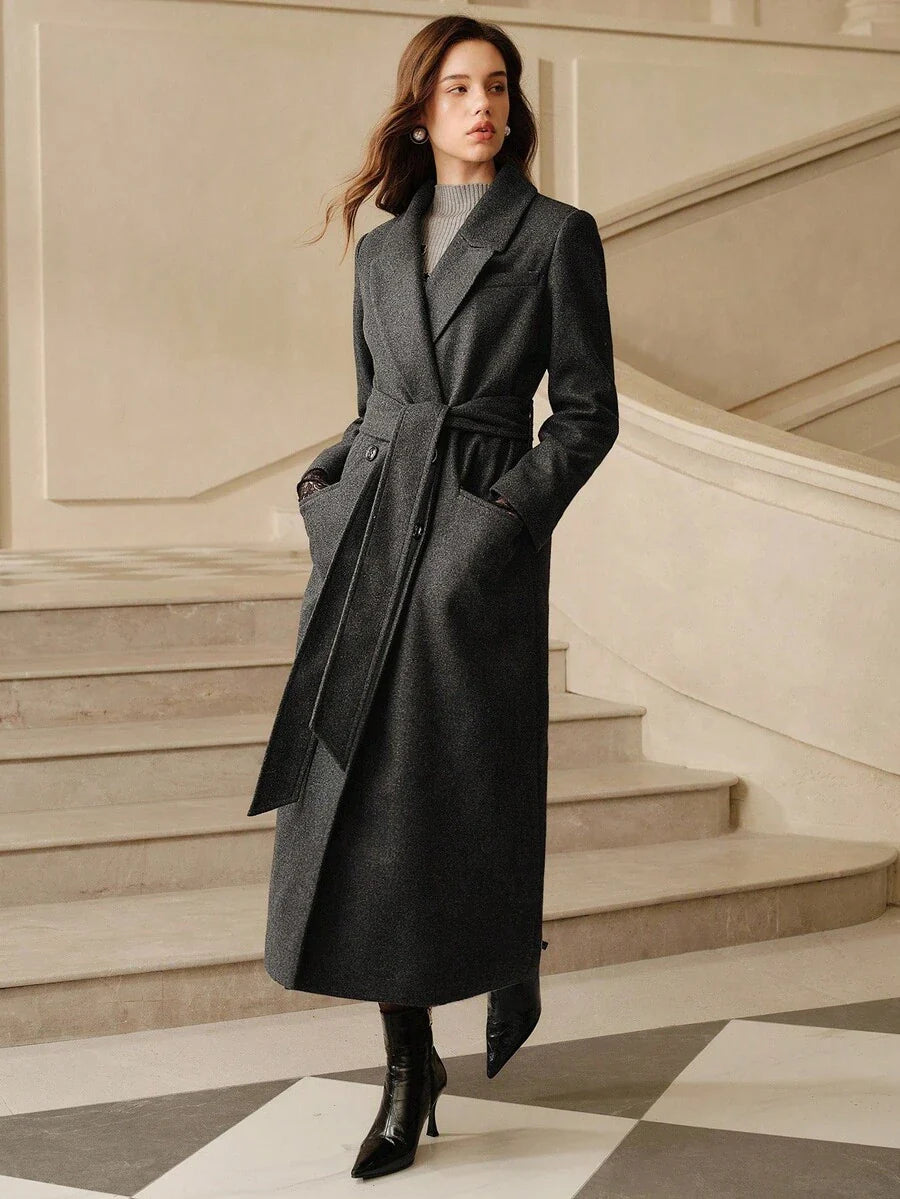 Anewsta Women's Khaki Long Belted Overcoat With Lapel Collar