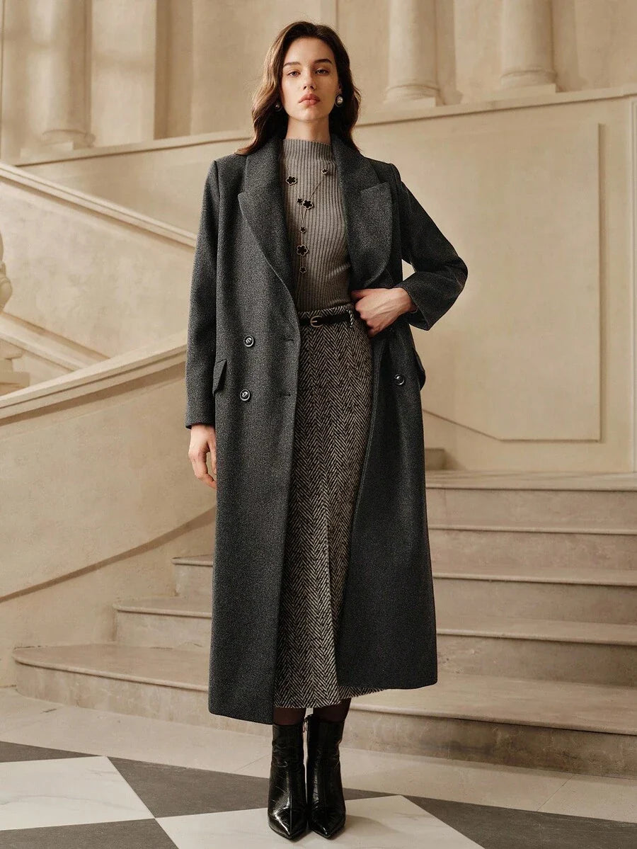 Anewsta Women's Khaki Long Belted Overcoat With Lapel Collar