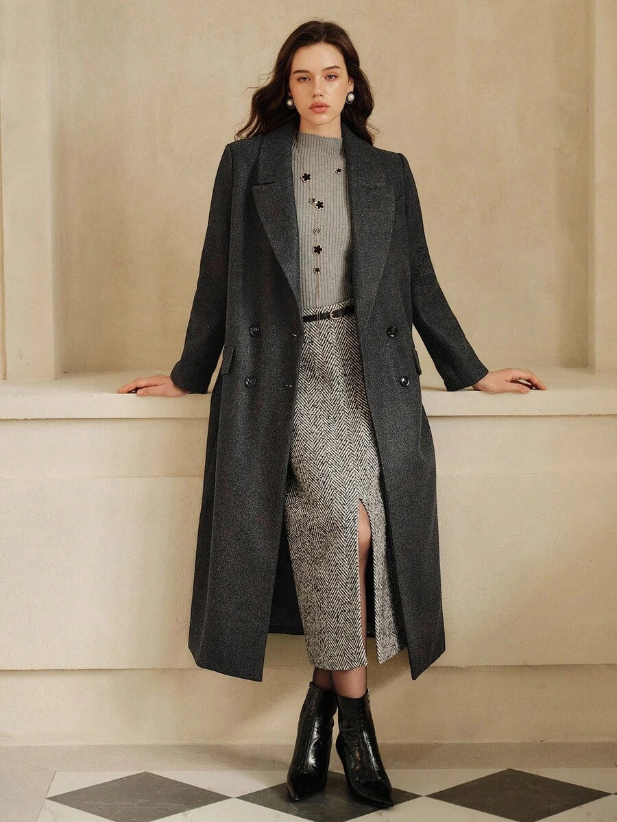 Anewsta Women's Khaki Long Belted Overcoat With Lapel Collar