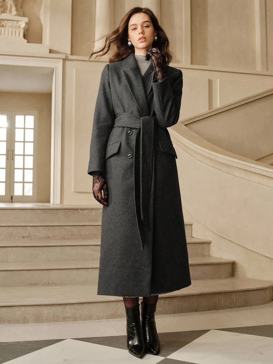 Anewsta Women's Khaki Long Belted Overcoat With Lapel Collar