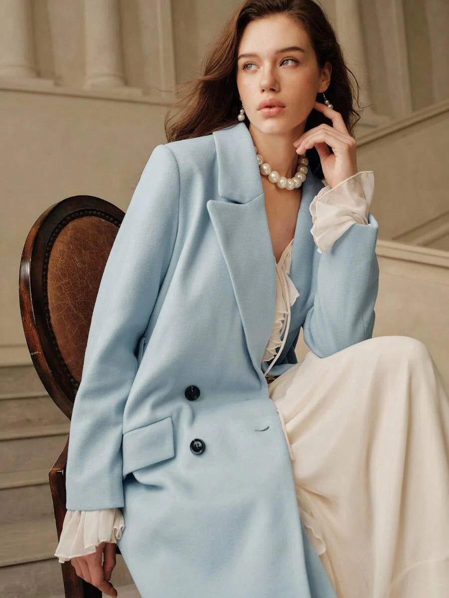 Anewsta Women's Khaki Long Belted Overcoat With Lapel Collar