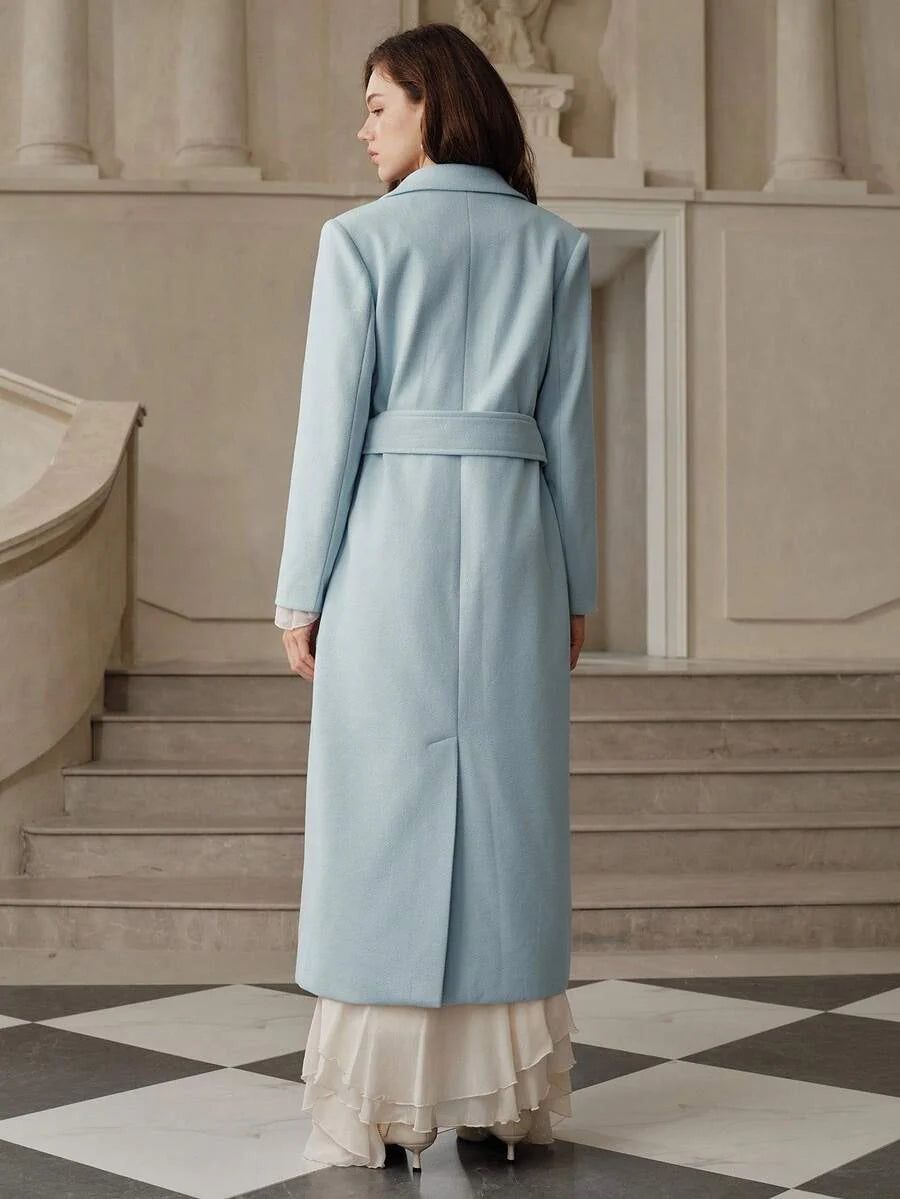 Anewsta Women's Khaki Long Belted Overcoat With Lapel Collar