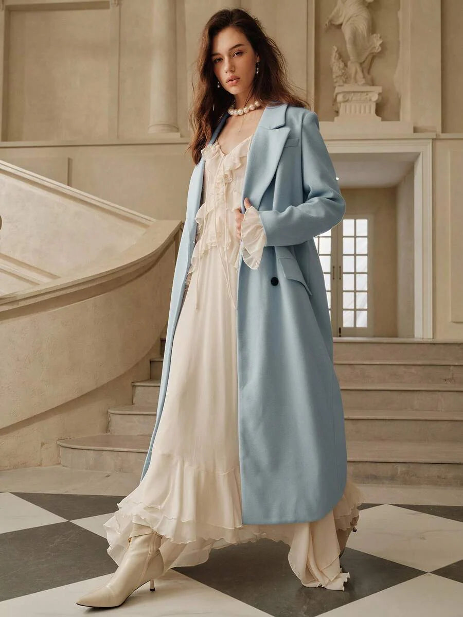 Anewsta Women's Khaki Long Belted Overcoat With Lapel Collar