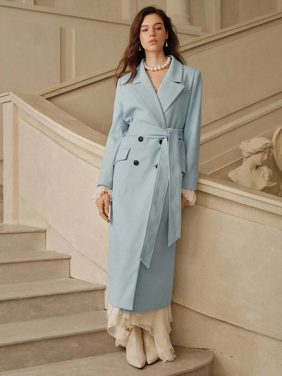 Anewsta Women's Khaki Long Belted Overcoat With Lapel Collar