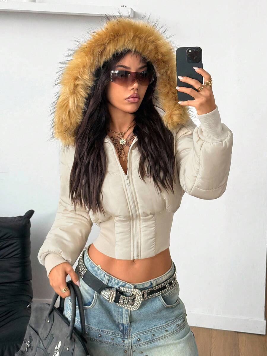 Coolane Women's Winter Streetwear Basic Daily Wear Quilted Coat With Flannelette Hat Brown Warm/ Cold Weather/ Thermal Crop Jacket
