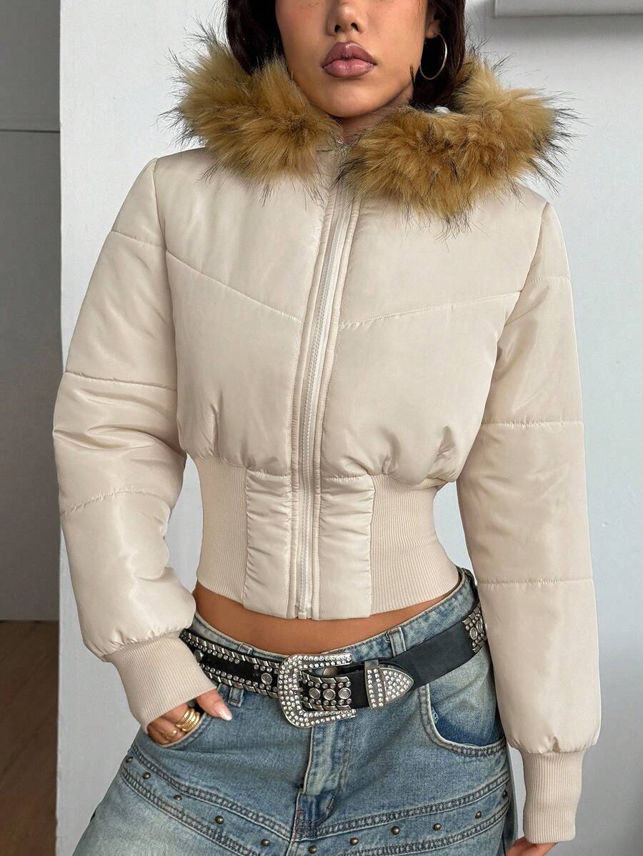 Coolane Women's Winter Streetwear Basic Daily Wear Quilted Coat With Flannelette Hat Brown Warm/ Cold Weather/ Thermal Crop Jacket