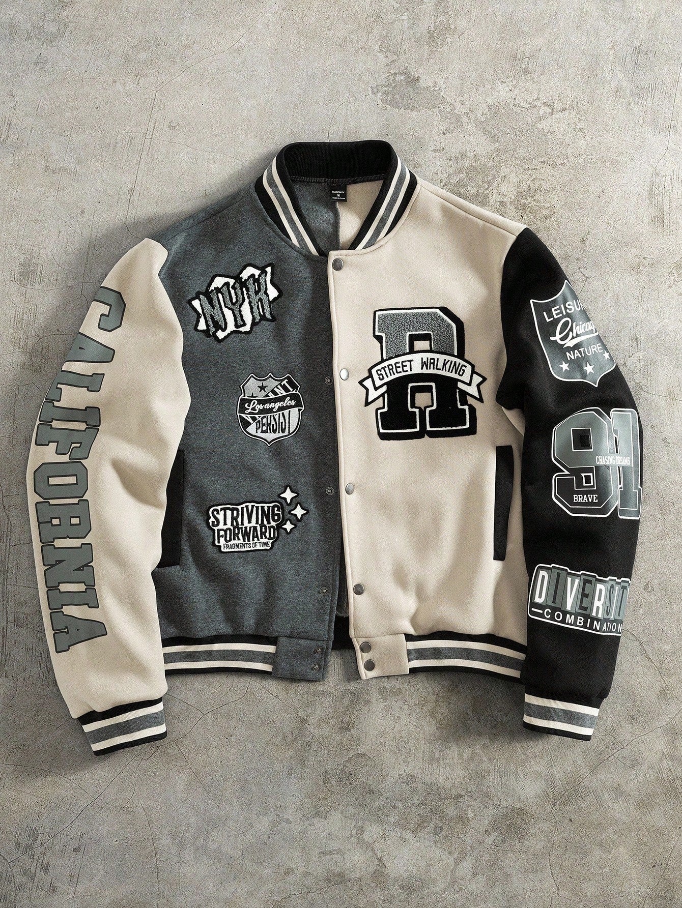 Manfinity EZcore Men's Fall Casual Colorblock Letter Graphic Baseball Fleece-Lined Jacket