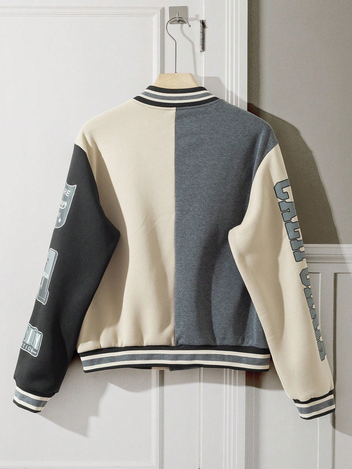 Manfinity EZcore Men's Fall Casual Colorblock Letter Graphic Baseball Fleece-Lined Jacket