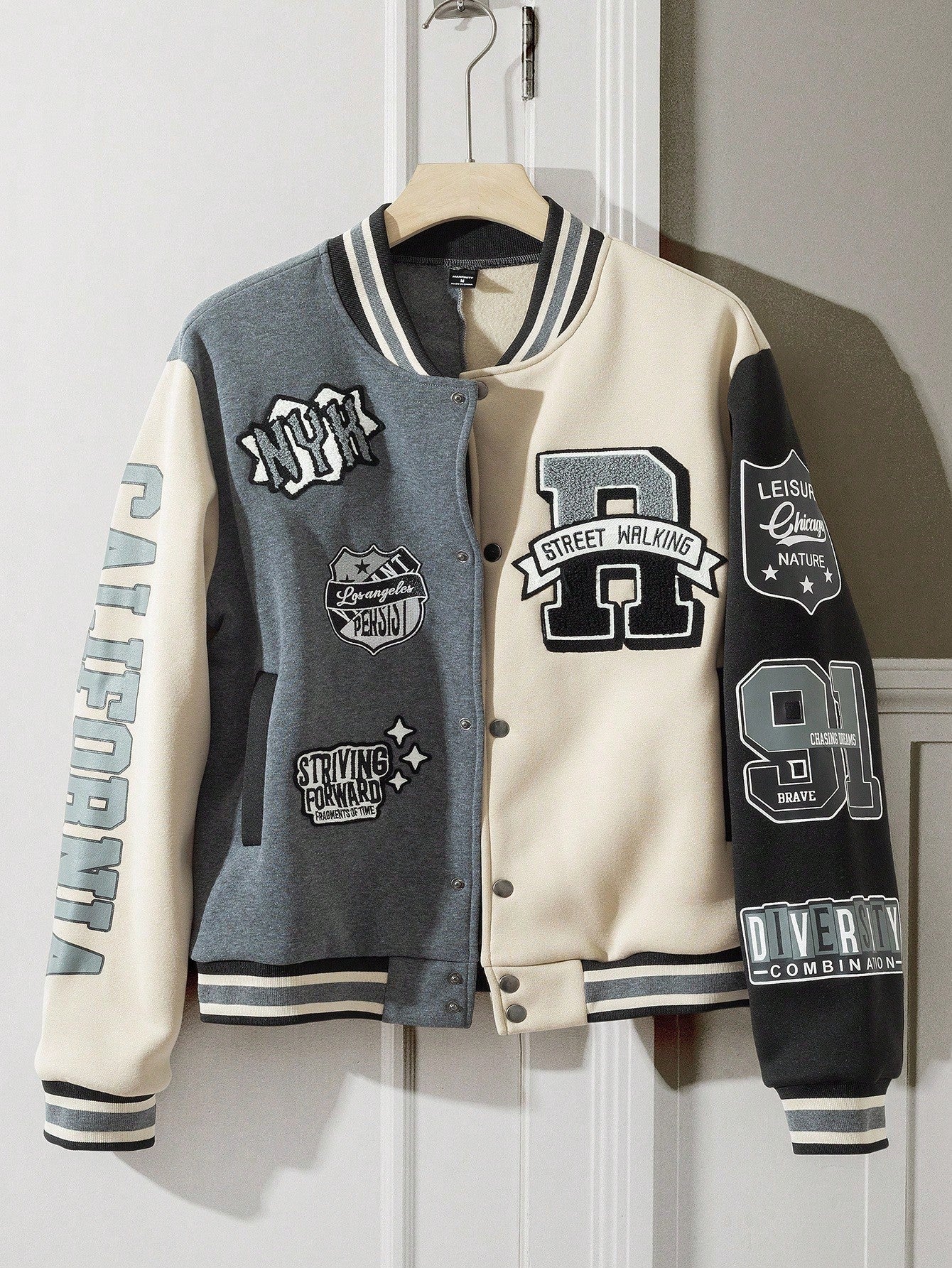 Manfinity EZcore Men's Fall Casual Colorblock Letter Graphic Baseball Fleece-Lined Jacket