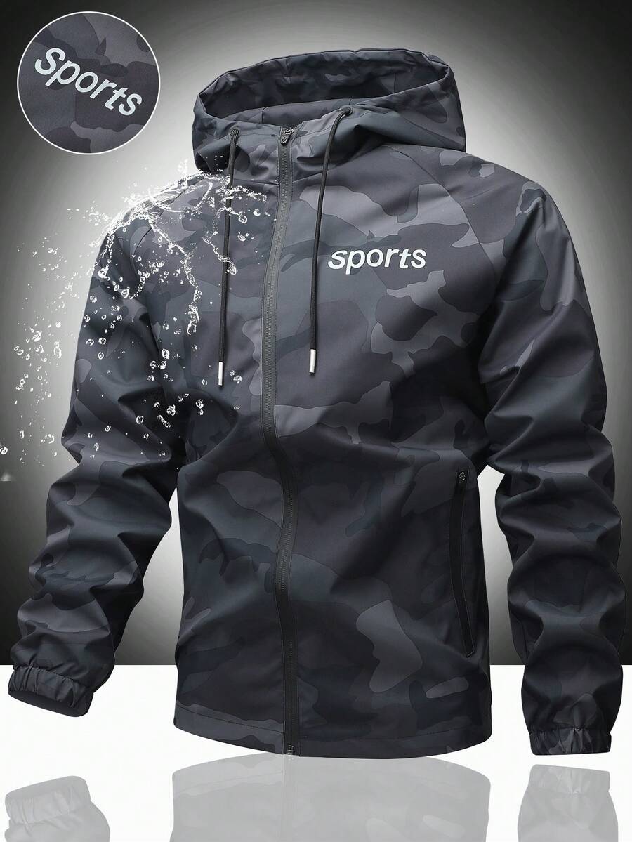 Men's Casual Water-Resistant Windproof Jacket With Letter Print, Versatile Camo Style For Outdoor Activities, Fashion Casual Wear For All Seasons, Fall