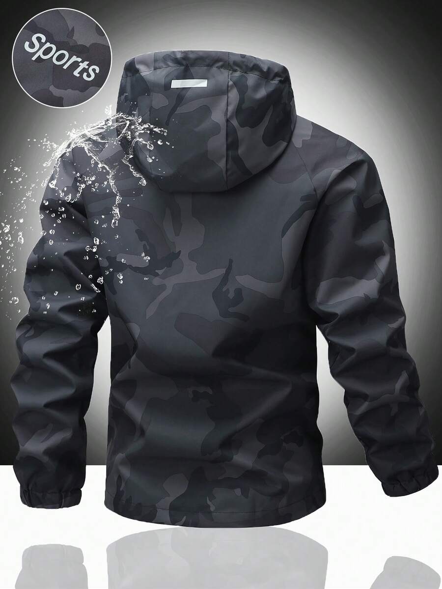 Men's Casual Water-Resistant Windproof Jacket With Letter Print, Versatile Camo Style For Outdoor Activities, Fashion Casual Wear For All Seasons, Fall