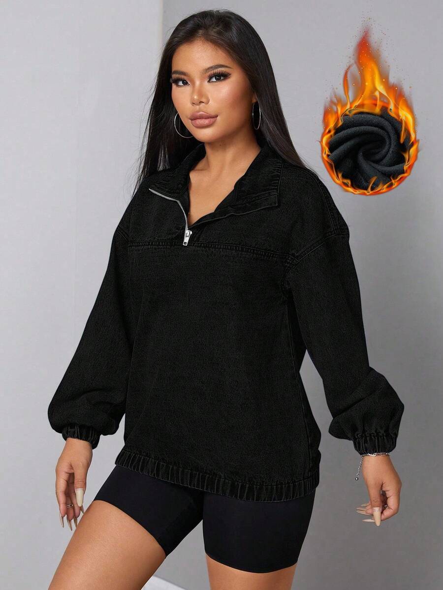 SHEIN SXY Women's Loose Casual Denim Jacket With Dropped Shoulders And Half Zipper, Spring And Autumn