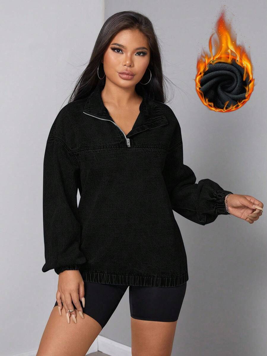 SHEIN SXY Women's Loose Casual Denim Jacket With Dropped Shoulders And Half Zipper, Spring And Autumn