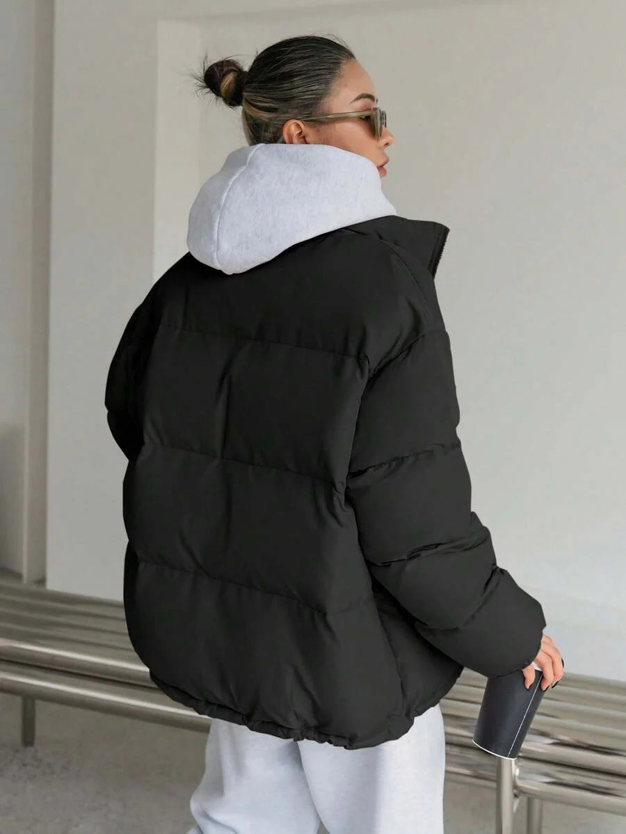 DAZY Letter Patched Drop Shoulder Drawstring Hem Thick Pockets Padded Coat, Women Winter Coat Jacket