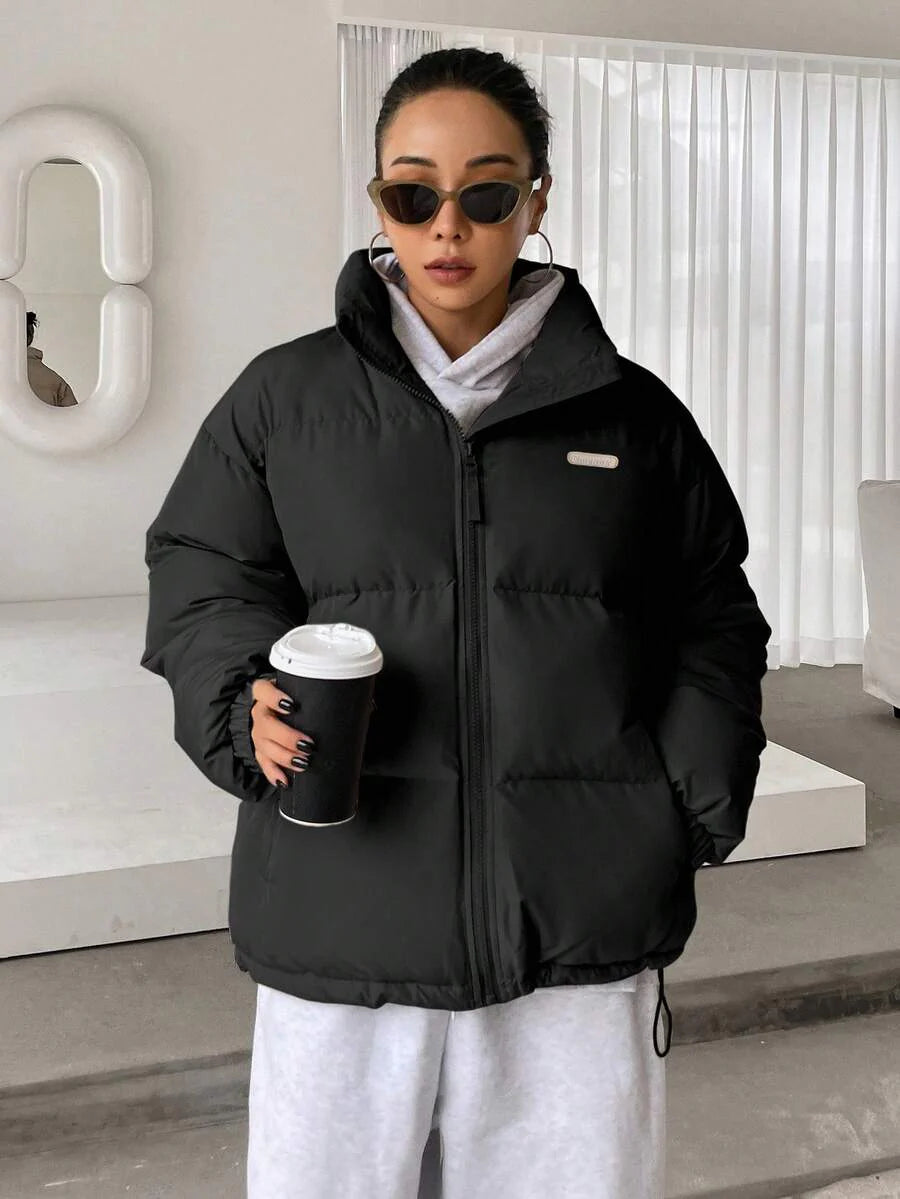 DAZY Letter Patched Drop Shoulder Drawstring Hem Thick Pockets Padded Coat, Women Winter Coat Jacket