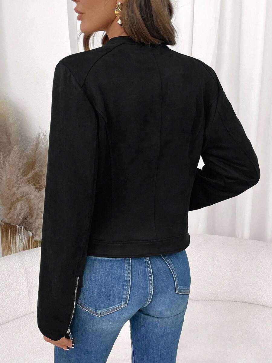 Editum Slim Fit Zip-Up Fleece Jacket With Lining, Black High Collar Casual Street Style Long Sleeve Women's Jacket For Autumn/Winter Black Jacket Women Cropped Jacket Black Crop Jacket Jackets For Women Casual Black Blazer Women,Cozy Fall And Winter Clot