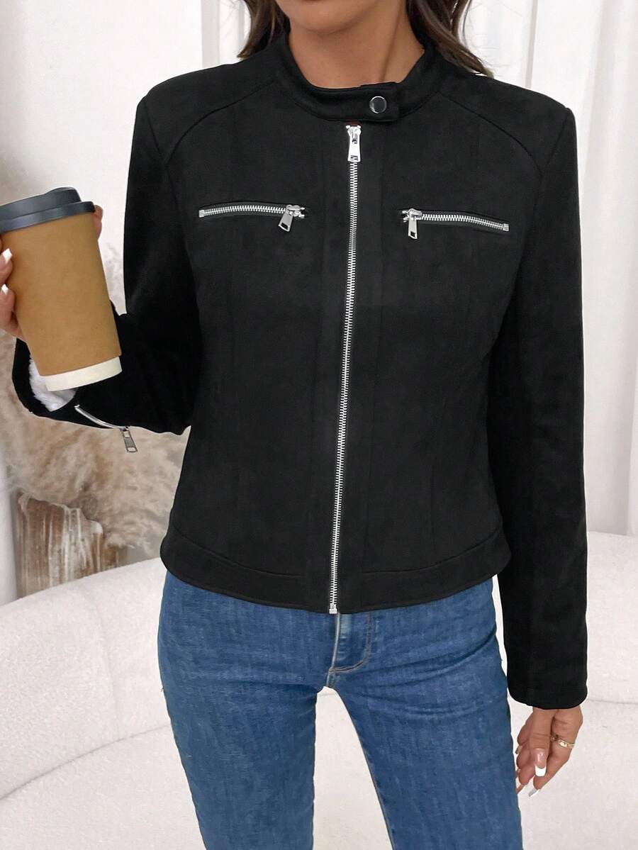 Editum Slim Fit Zip-Up Fleece Jacket With Lining, Black High Collar Casual Street Style Long Sleeve Women's Jacket For Autumn/Winter Black Jacket Women Cropped Jacket Black Crop Jacket Jackets For Women Casual Black Blazer Women,Cozy Fall And Winter Clot