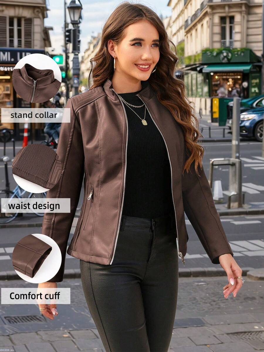 Giolshon Women's Fall/Winter Faux Leather Biker Jacket - Asymmetric Zip, Stand Collar For Edgy Commuting