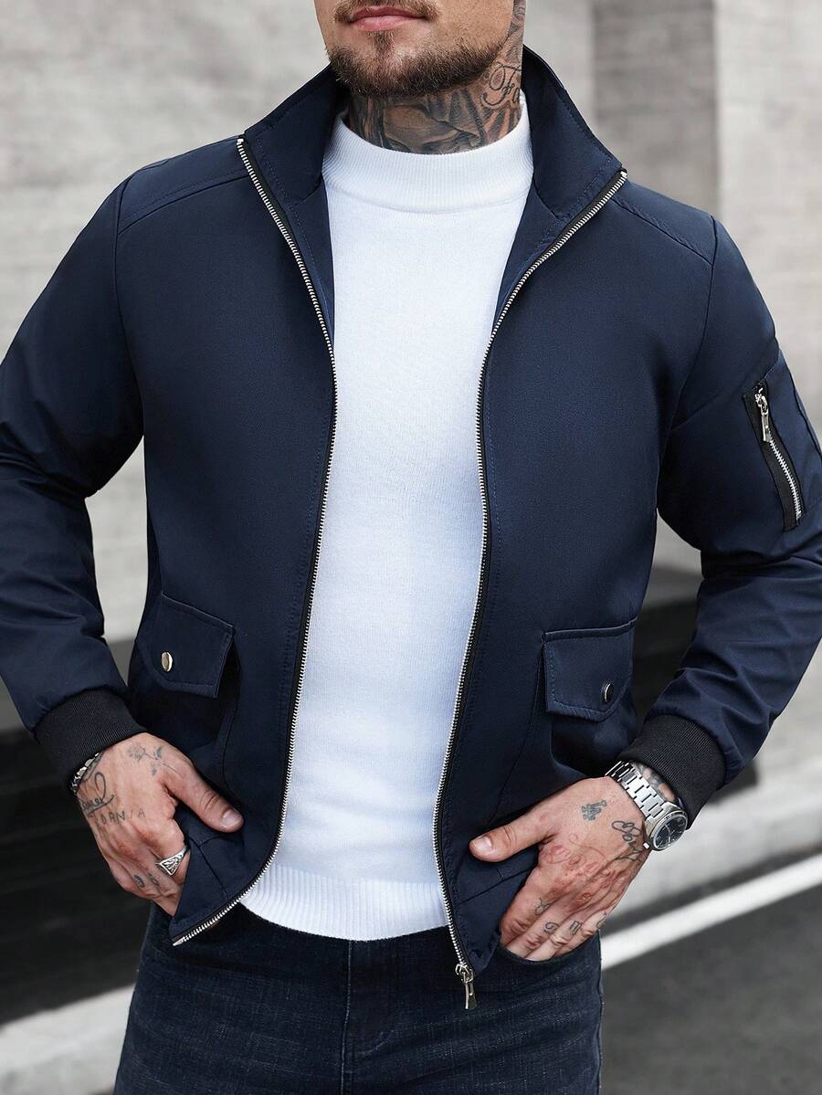 Manfinity EMRG Men's Solid Color Zipper Fashion Versatile Outdoor Windbreaker Jacket Black Bomber