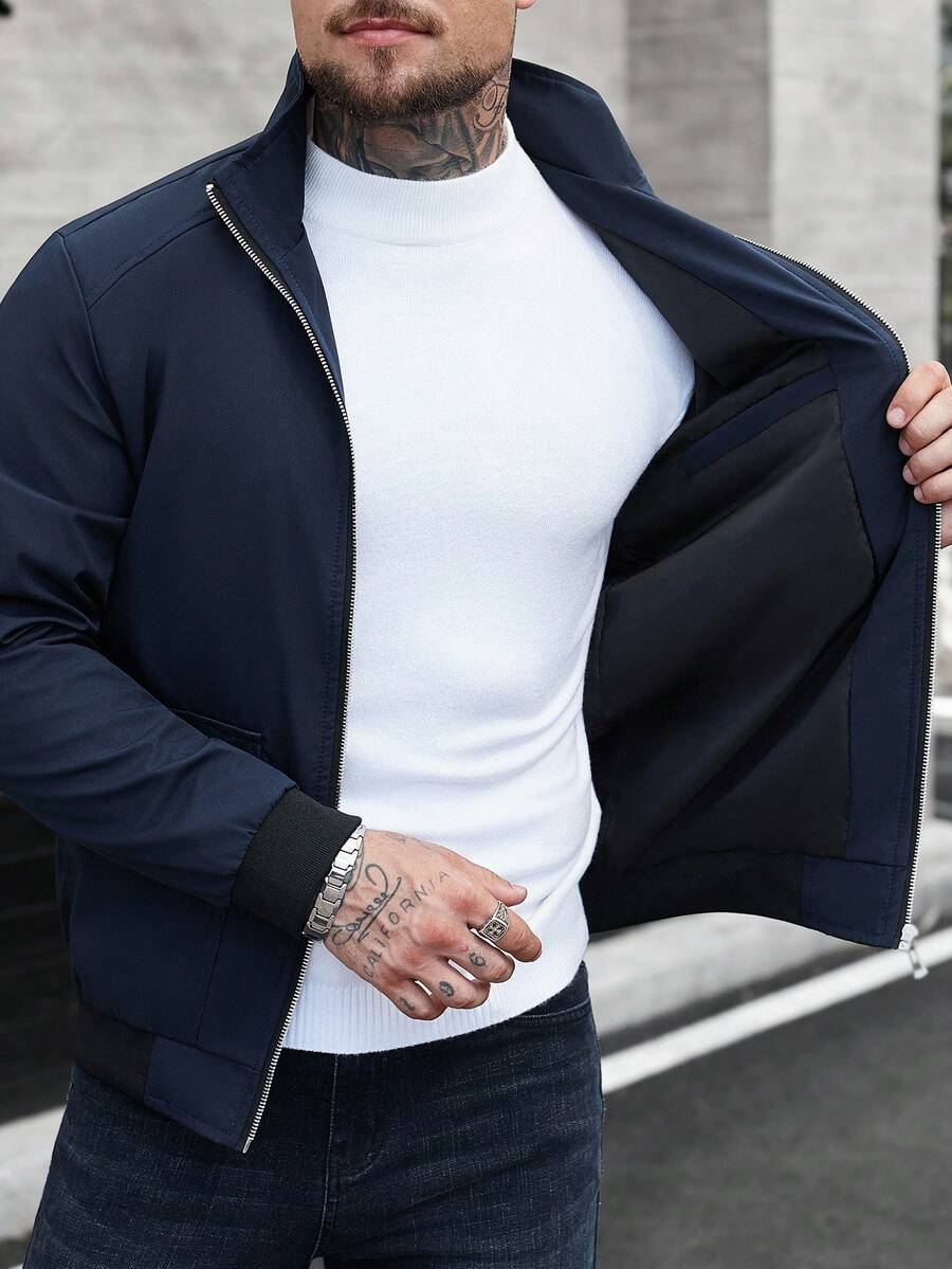 Manfinity EMRG Men's Solid Color Zipper Fashion Versatile Outdoor Windbreaker Jacket Black Bomber