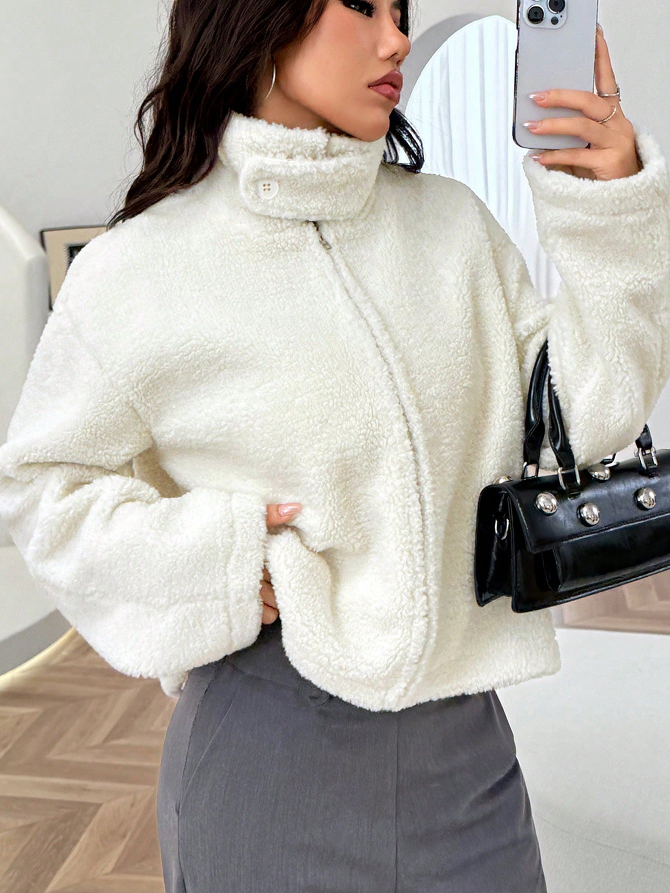 Simple Versatile Casual Commute Fashion Sports Outdoor Fleece Jacket Women, Solid Color Faux Wool Fabric Zipper Jacket, Casual College Travel Holiday Autumn/Winter Outerwear