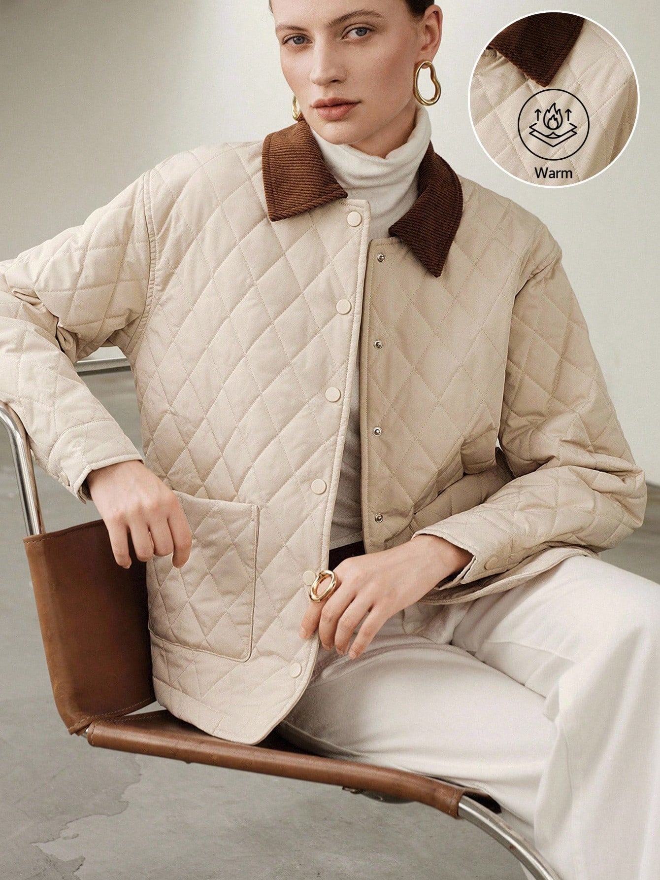 Uhlyne Corduroy Collar Quilted Cotton Jacket, Featuring Diamond Quilting Design, Well-Padded
