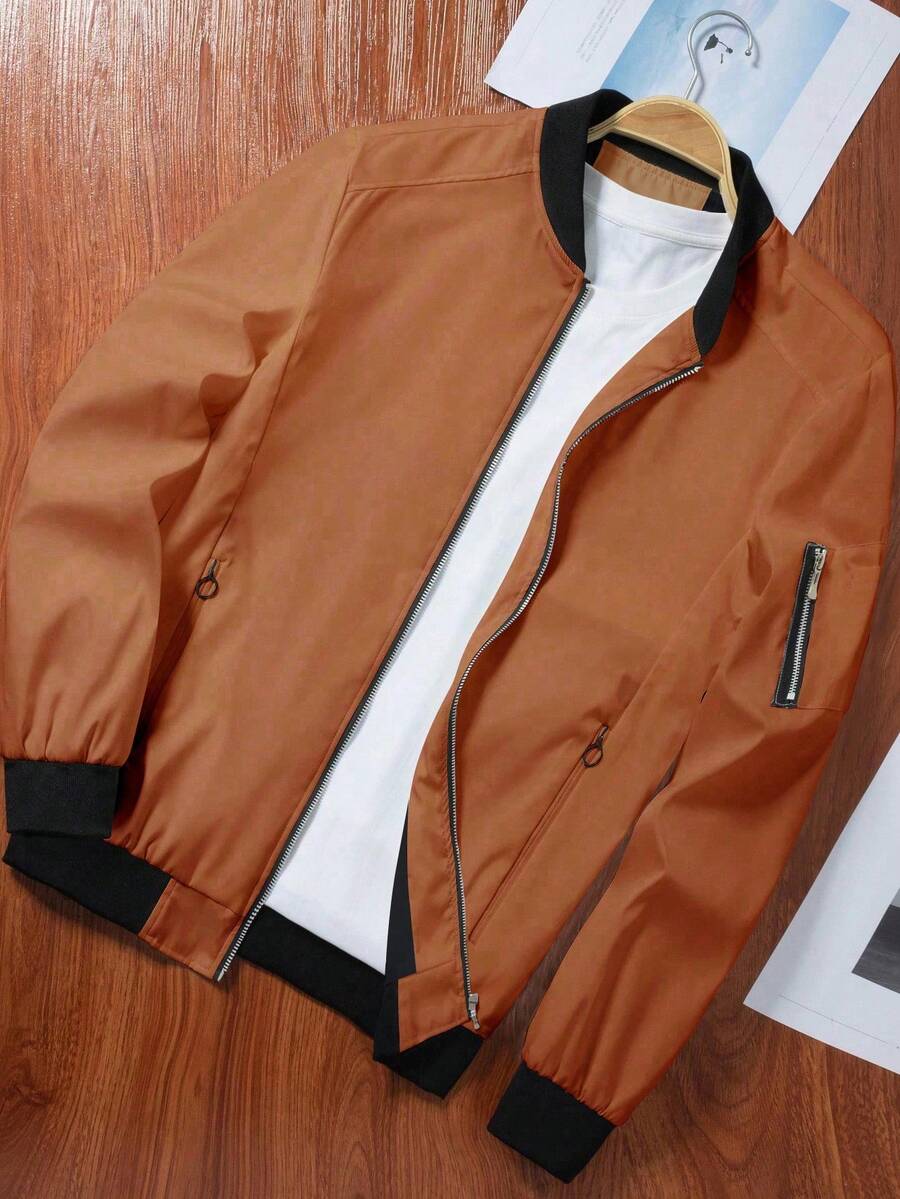 Manfinity EMRG Men's Solid Color Zipper Fashion Versatile Outdoor Windbreaker Jacket Black Bomber