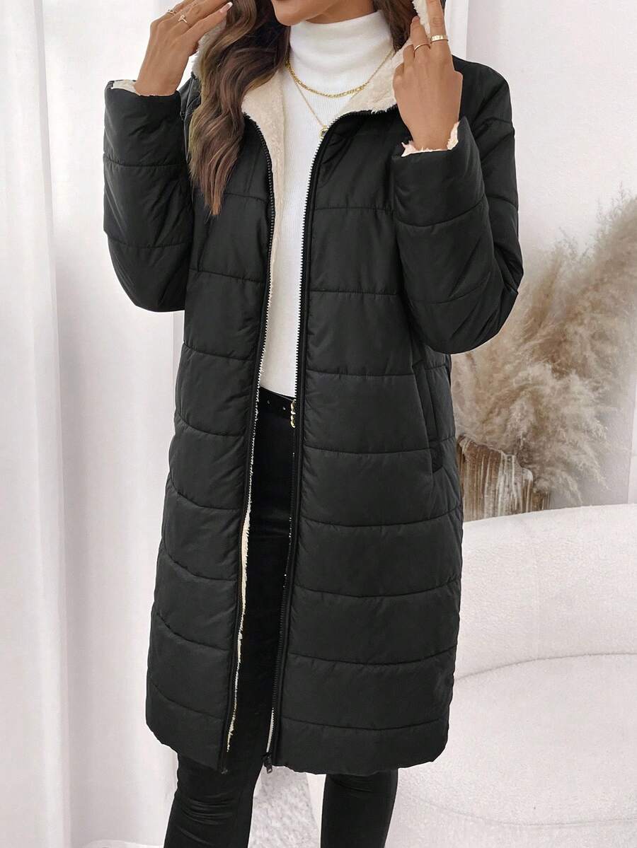 SHEIN Clasi Women Zip Up Hooded Teddy Lined Quilted Coat In Fall/Winter